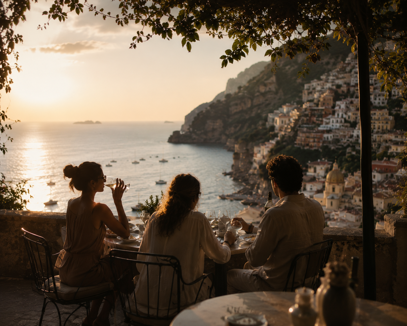 Travelers sharing a sunset meal overlooking Positano
